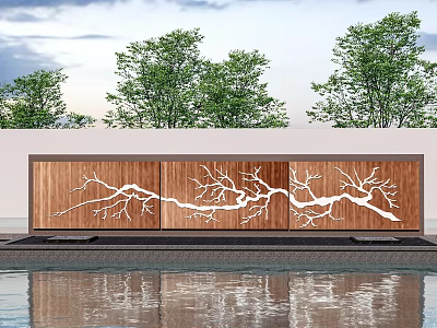 Outdoor Wooden Feature Wall With White Branch Patterns And Water Surface Reflection 3d model