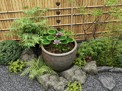 Japanese Garden Clay Pot With Lotus Leaves Flower Surrounded By Bamboo Fence Stones Ferns 3d model