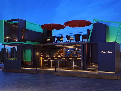 Black Bar Container Style Building With Red Umbrellas Outdoor Seating And Night Scene 3d model
