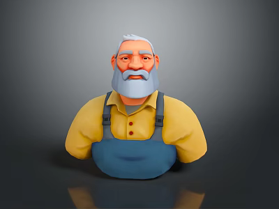 Old Man with White Hair and Beard in Yellow Shirt and Blue Overalls 3D Character 3d model