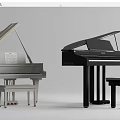 Various Black And White Acoustic Pianos With Stools Open Lid And Music Sheets