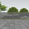 Curved Garden Feature Wall With Perforated Bricks Green Trees And Pink Blossoms