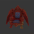 Ornate Winged Chair Design With Blue Tufted Cushion And Intricate Carvings