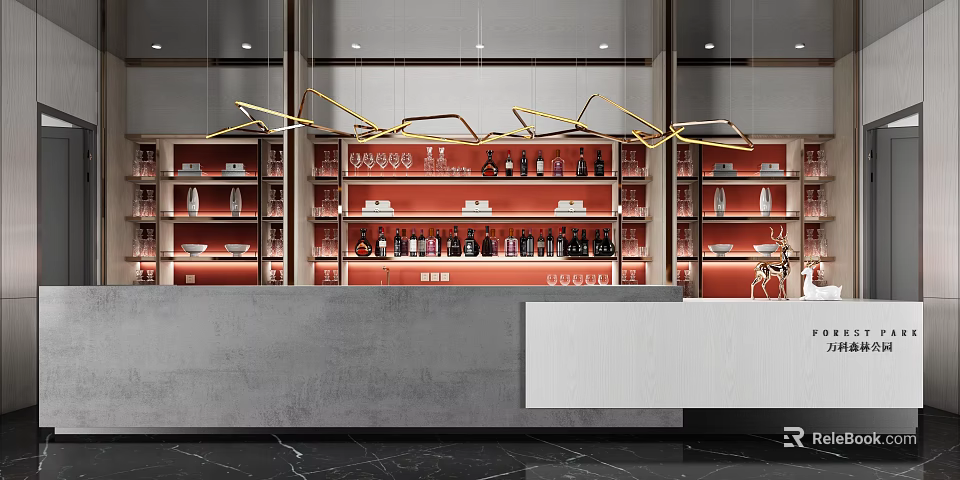 Modern Bar Counter Interior With Red Backdrop Shelves White Countertop And Gold Pendant Lights 3d model 