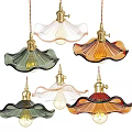 Vintage Style Colorful Glass Pendant Lights With Wavy Shades And Brass Bases