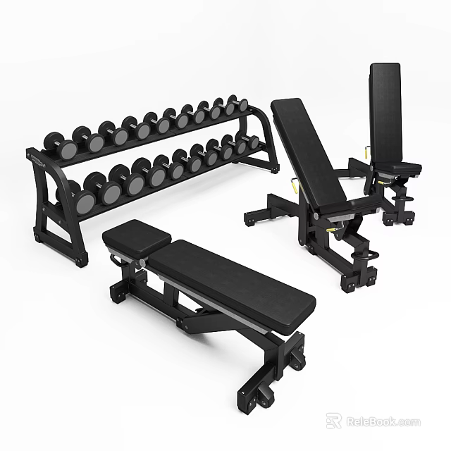 Fitness Equipment Set With Dumbbell Rack Adjustable Weight Benches And Stacked Dumbbells 3d model 