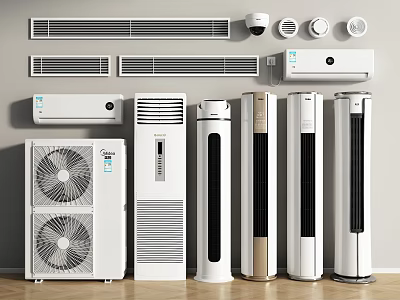 Various Air Conditioners and Fans with Different Styles Including Wall Mounted Floor Standing White Units 3d model