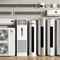 Various Air Conditioners and Fans with Different Styles Including Wall Mounted Floor Standing White Units