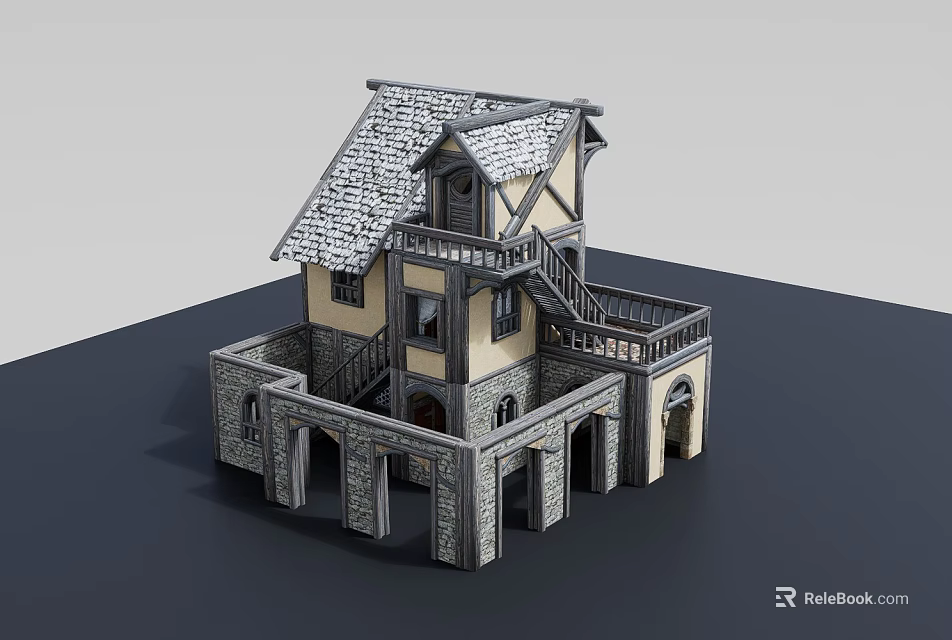 Traditional Stone Base Two Story Cottage With Yellow Walls Gray Roof And Balcony 3d model 