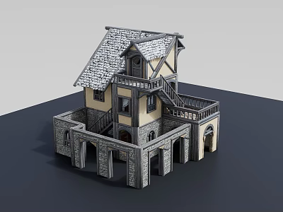 Traditional Stone Base Two Story Cottage With Yellow Walls Gray Roof And Balcony 3d model