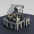 Traditional Stone Base Two Story Cottage With Yellow Walls Gray Roof And Balcony