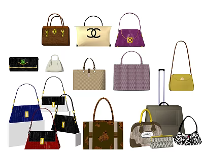Stylish Assorted Handbags and Suitcases Featuring Colorful Patterns and Design Details 3d model