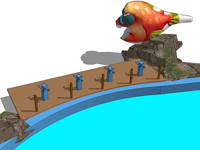 Interactive Water Playground Equipment With Fish Shaped Decoration Rocky Blue Sprayers Wooden Boardwalk And Pool 3d model