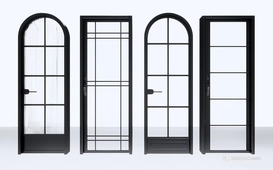 Black Modern Swing Doors Featuring Glass Inserts And Diverse Panel Styles 3d model