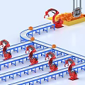 Automated Industrial Equipment with Red Robotic Arms Moving Orange Objects on Blue Conveyor Belts