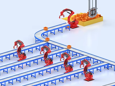 Automated Industrial Equipment with Red Robotic Arms Moving Orange Objects on Blue Conveyor Belts 3d model