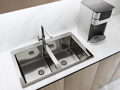Stainless Steel Double Bowl Kitchen Sink with Faucet and Water Dispenser on Marble Countertop 3d model