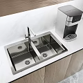 Stainless Steel Double Bowl Kitchen Sink with Faucet and Water Dispenser on Marble Countertop