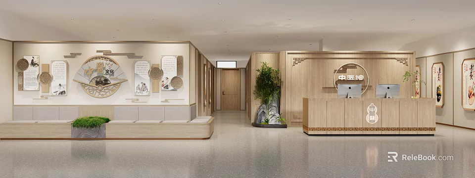 Modern Hospital Outpatient Clinic Interior With Wooden Reception Desk And Green Plant 3d model 