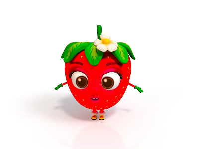 Cartoon Strawberry Character with Big Eyes Arms Legs Green Leaves and White Flower Cute Design 3d model