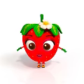 Cartoon Strawberry Character with Big Eyes Arms Legs Green Leaves and White Flower Cute Design
