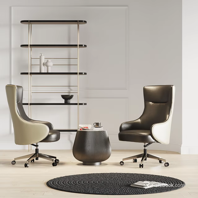 Leather Office Chairs Beige Black And White With Wheels Small Round Table And Metal Shelf Decor 3d model 