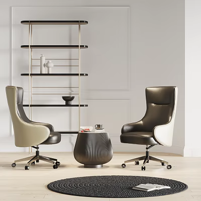 Leather Office Chairs Beige Black And White With Wheels Small Round Table And Metal Shelf Decor 3d model