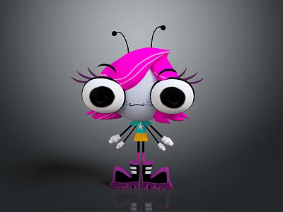 Cute Cartoon Ant Character With Big Eyes Pink Hair Striped Outfit And Antennae 3d model