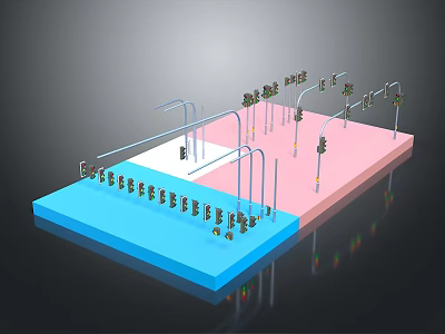 Traffic Facility Model With Blue Pink Platforms And Traffic Lights Railings 3d model