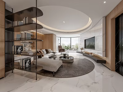 Modern Living and Dining Room Interior With Circular Ceiling Marble Floor Sofa And TV Wall 3d model