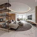 Modern Living and Dining Room Interior With Circular Ceiling Marble Floor Sofa And TV Wall