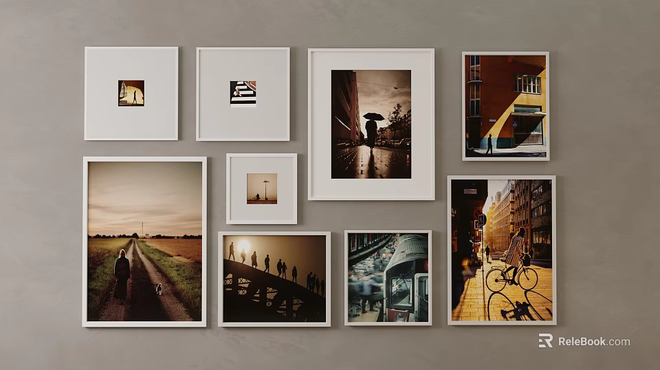 Decorative Photo Wall With Various Framed Photos Of Landscapes People And City Scenes 3d model 