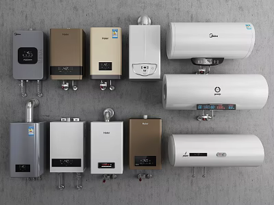Various Modern Water Heaters In Different Colors And Styles For Daily Use 3d model