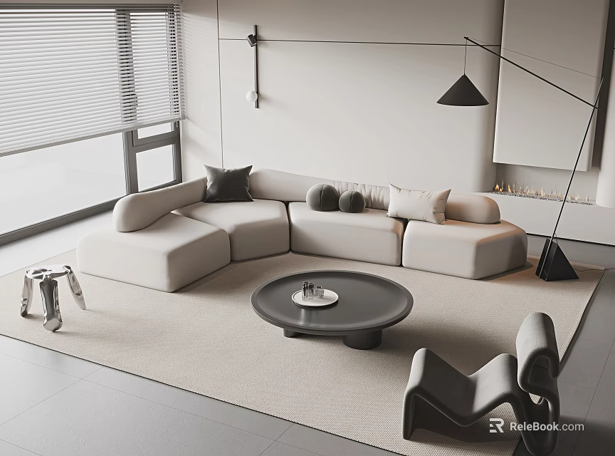 Modern Minimalist L shaped Sofa With Round Coffee Table Pillows Floor Lamp And Rug 3d model 