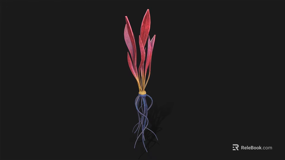 Vibrant Red And Purple Leaves With Yellow Stems And Blue Roots On Black Background 3d model 