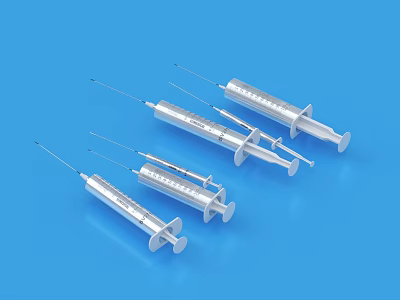 Medical Devices Multiple Syringes With Needles Arranged On Blue Background 3d model