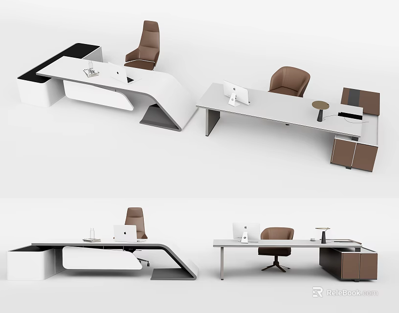 Modern Office Desk Design With White Tabletop Brown Chair And Storage 3d model 