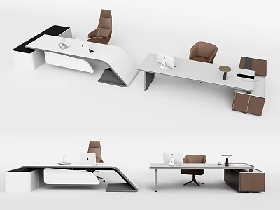 Modern Office Desk Design With White Tabletop Brown Chair And Storage 3d model