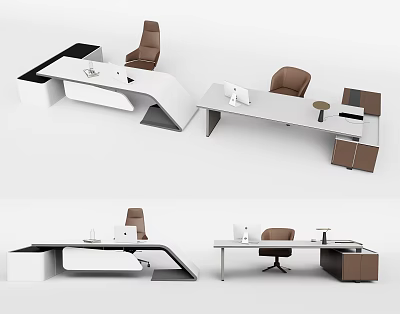 Modern Office Desk Design With White Tabletop Brown Chair And Storage 3d model