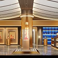 Blue and White Porcelain Specialty Store Interior With Display Shelves Marble Counter And Decorative Mural