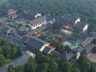 Ancient Chinese Architecture Complex With Traditional Rooftops And Courtyard Gardens Surrounded By Trees 3d model