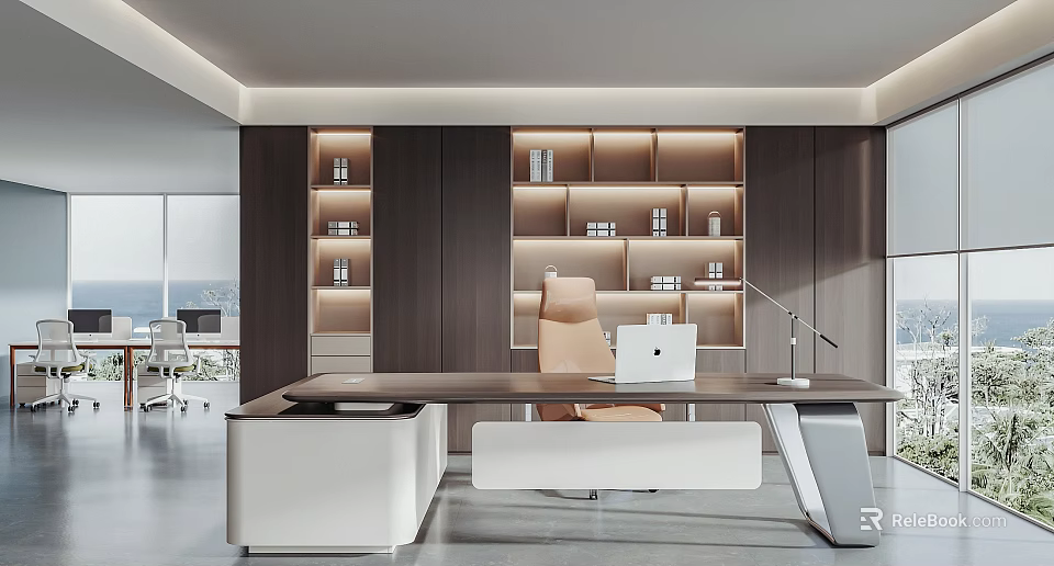 Modern Office Interior Design With Large Desk Beige Chair Laptop And Illuminated Shelves 3d model 