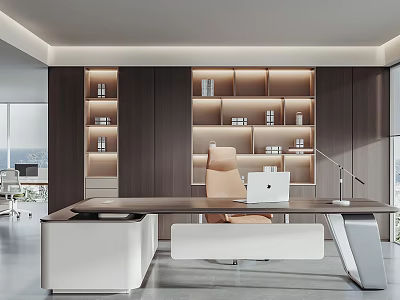 Modern Office Interior Design With Large Desk Beige Chair Laptop And Illuminated Shelves 3d model