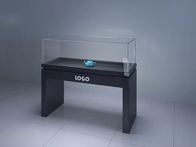 Modern Display Cabinet With Transparent Glass Cover And Black Base Featuring Logo And Blue Item 3d model