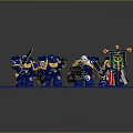 Lego Warriors In Blue Yellow White Armor With Mechanical Creature And Weapons On Blue Platform