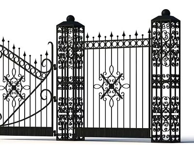 Elegant Black Wrought Iron Fence With Intricate Designs And Decorative Pillars 3d model