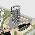 Modern Office Building With Glass Curtain Wall And Geometric Exterior Structure Design