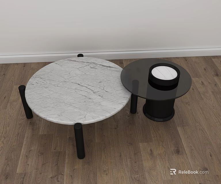 Two Round Coffee Tables With White Marble Texture And Black Legs Modern Design 3d model