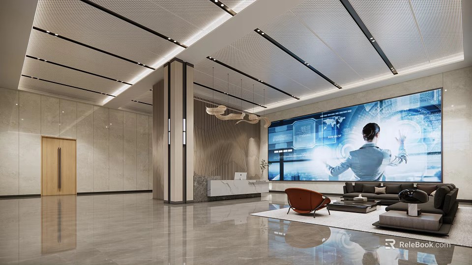 Elegant Modern Reception Area Design With Large Digital Screen Sofa And Marble Elements 3d model 