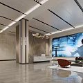 Elegant Modern Reception Area Design With Large Digital Screen Sofa And Marble Elements